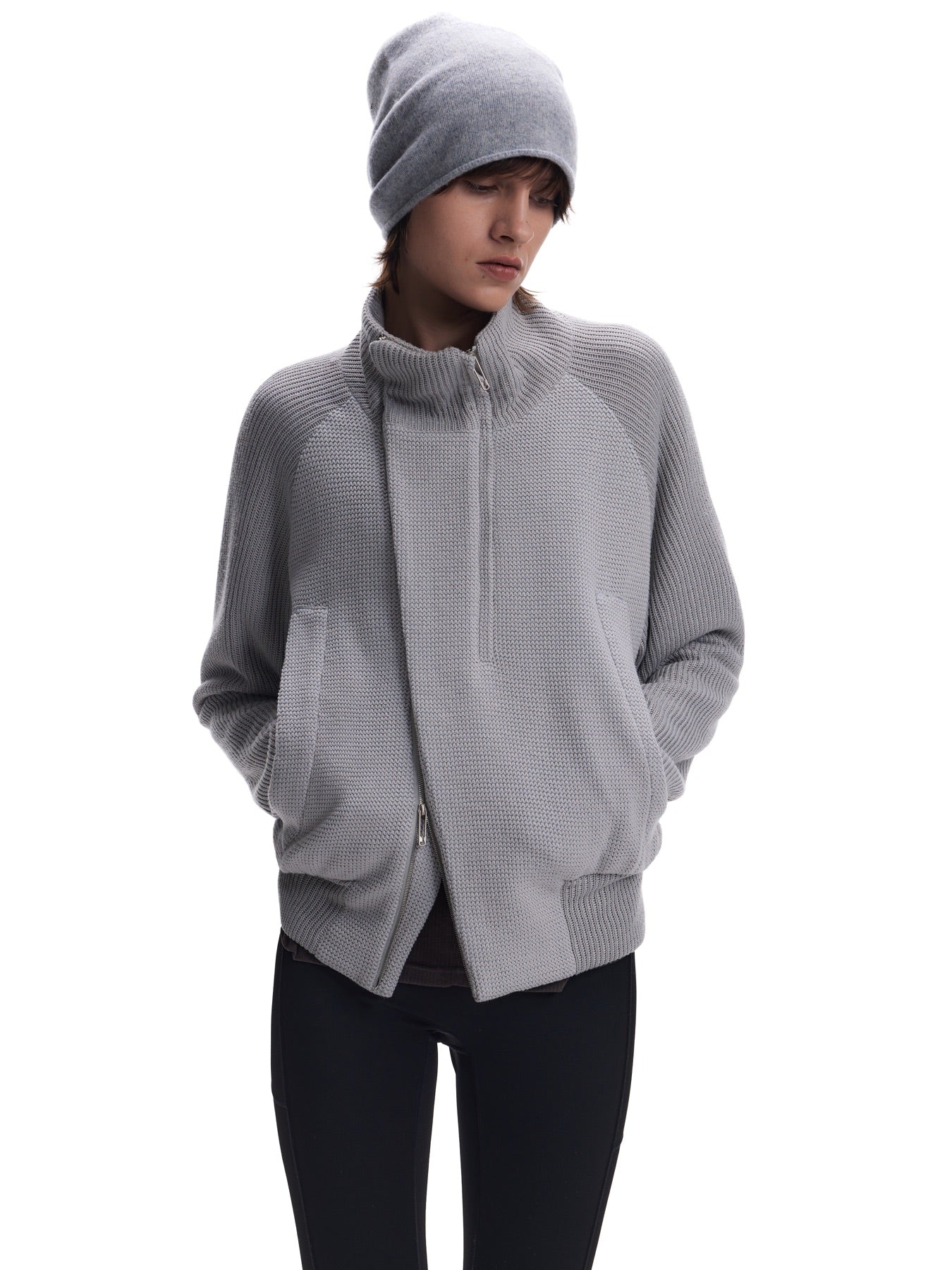 Curved Stand-Collar Knit-Look Cardigan Jacket