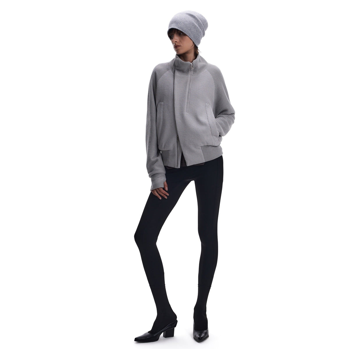 Curved Stand-Collar Knit-Look Cardigan Jacket
