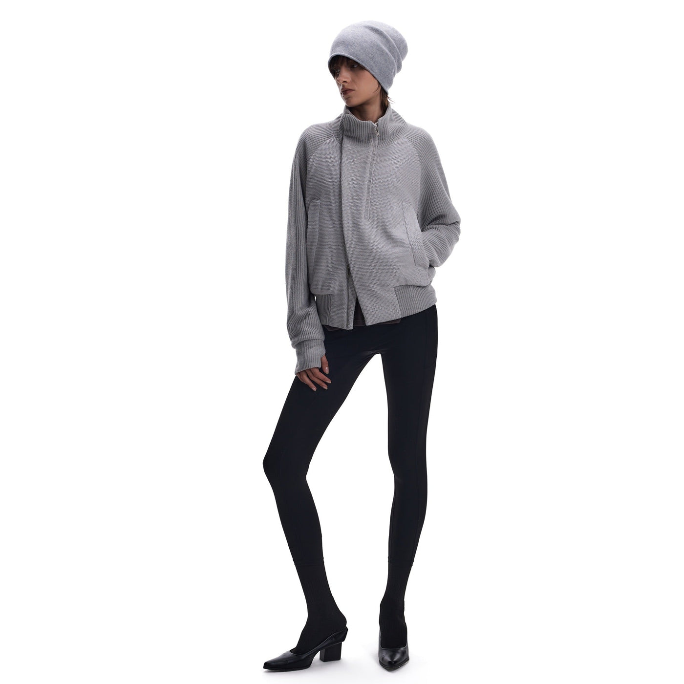 Curved Stand-Collar Knit-Look Cardigan Jacket