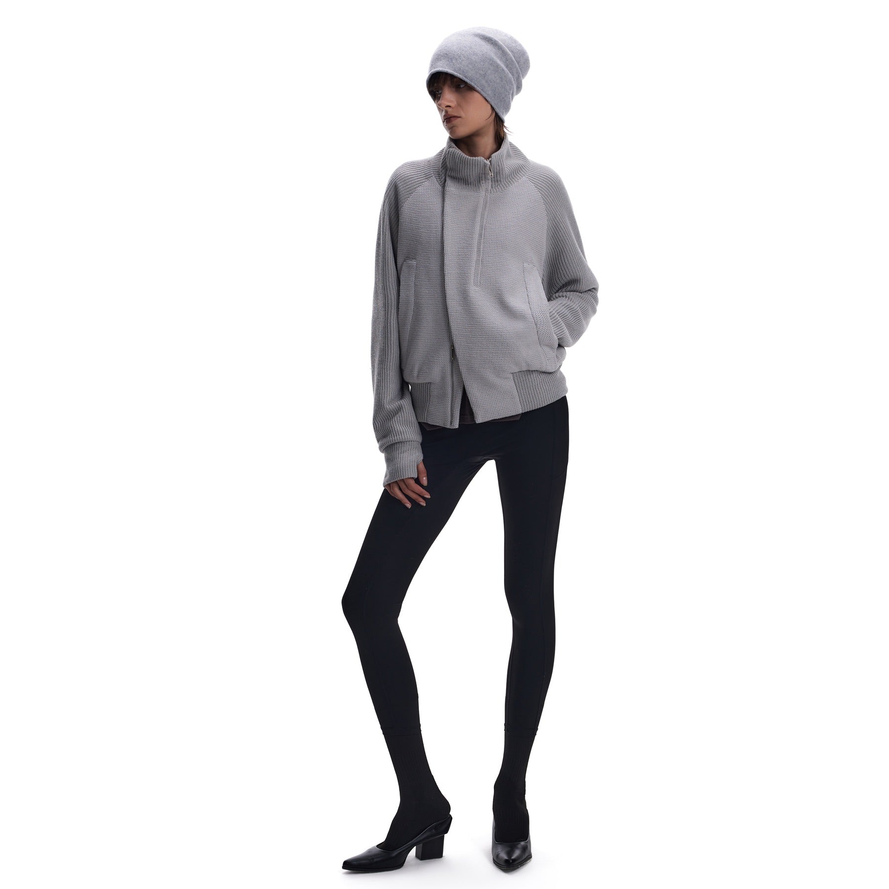 Curved Stand-Collar Knit-Look Cardigan Jacket