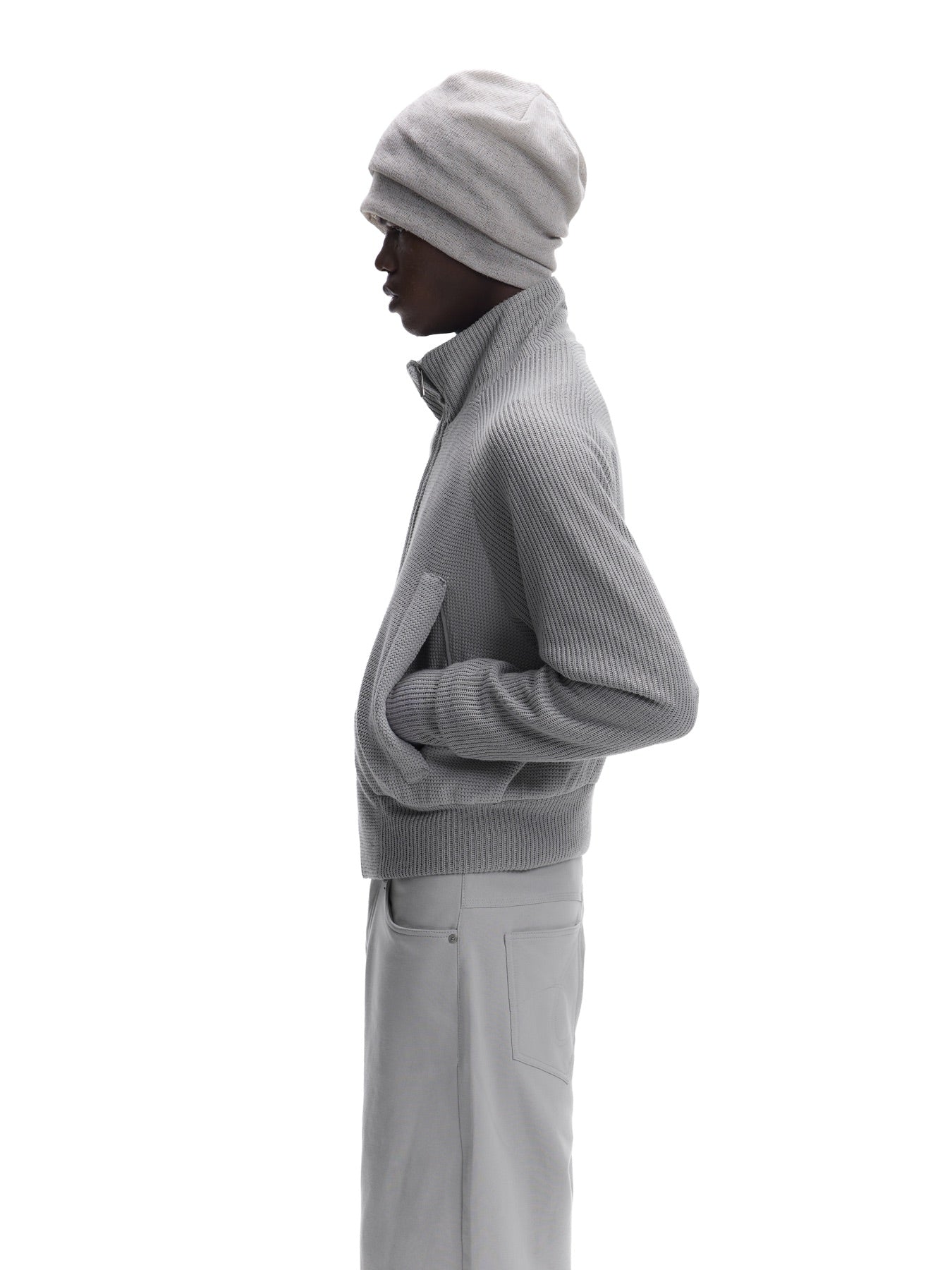 Curved Stand-Collar Knit-Look Cardigan Jacket