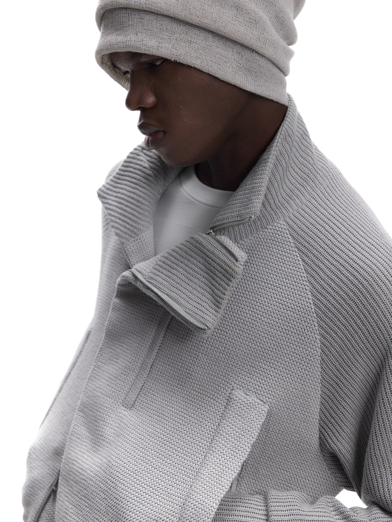 Curved Stand-Collar Knit-Look Cardigan Jacket